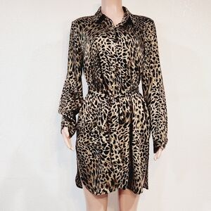 Susan Graver Women's Animal Print Button-Down Long Sleeve Belted Dress Size M